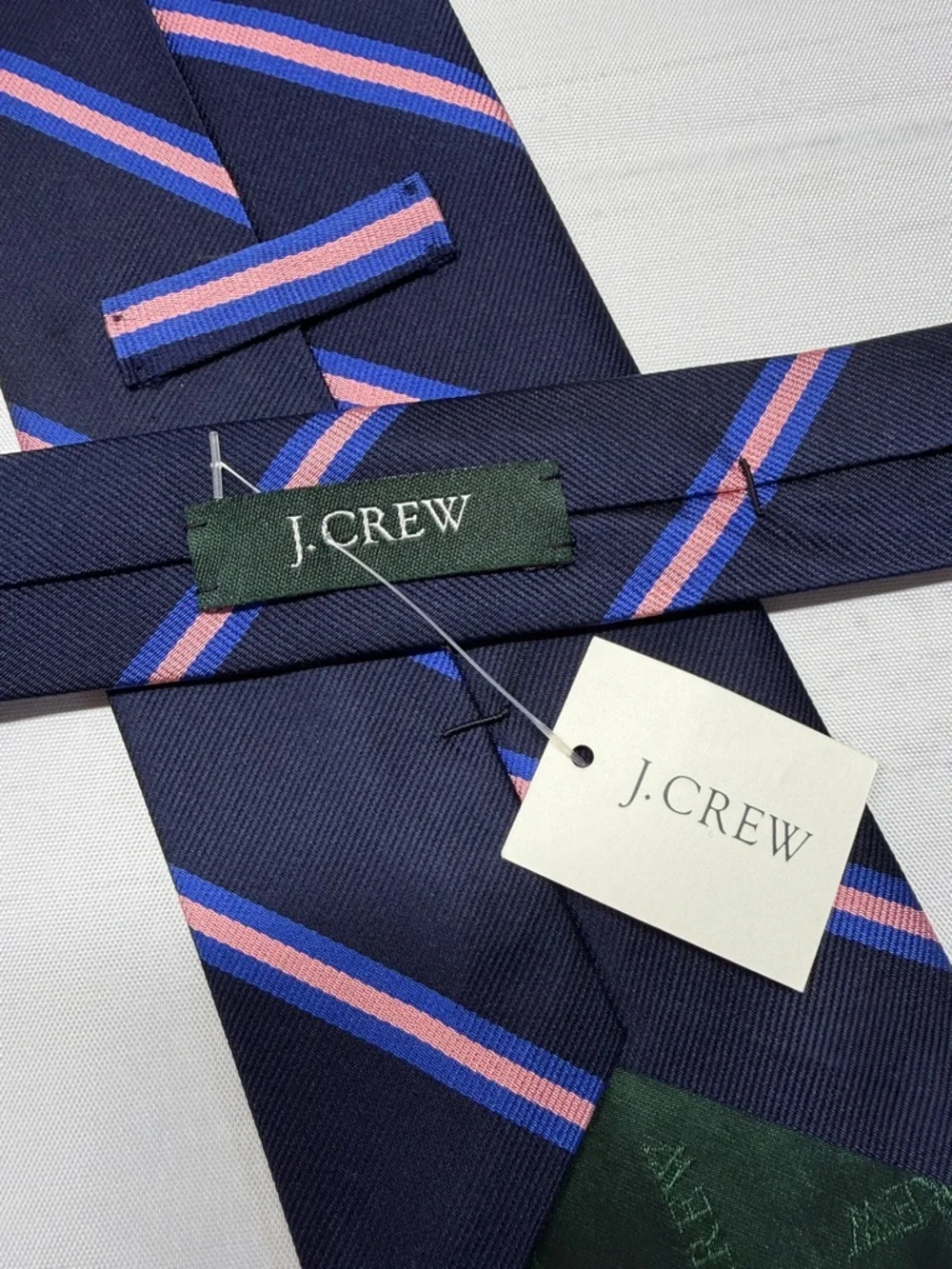J. Crew NWT Navy Blue with Pink and Light Blue Stripes English Silk Neck Tie